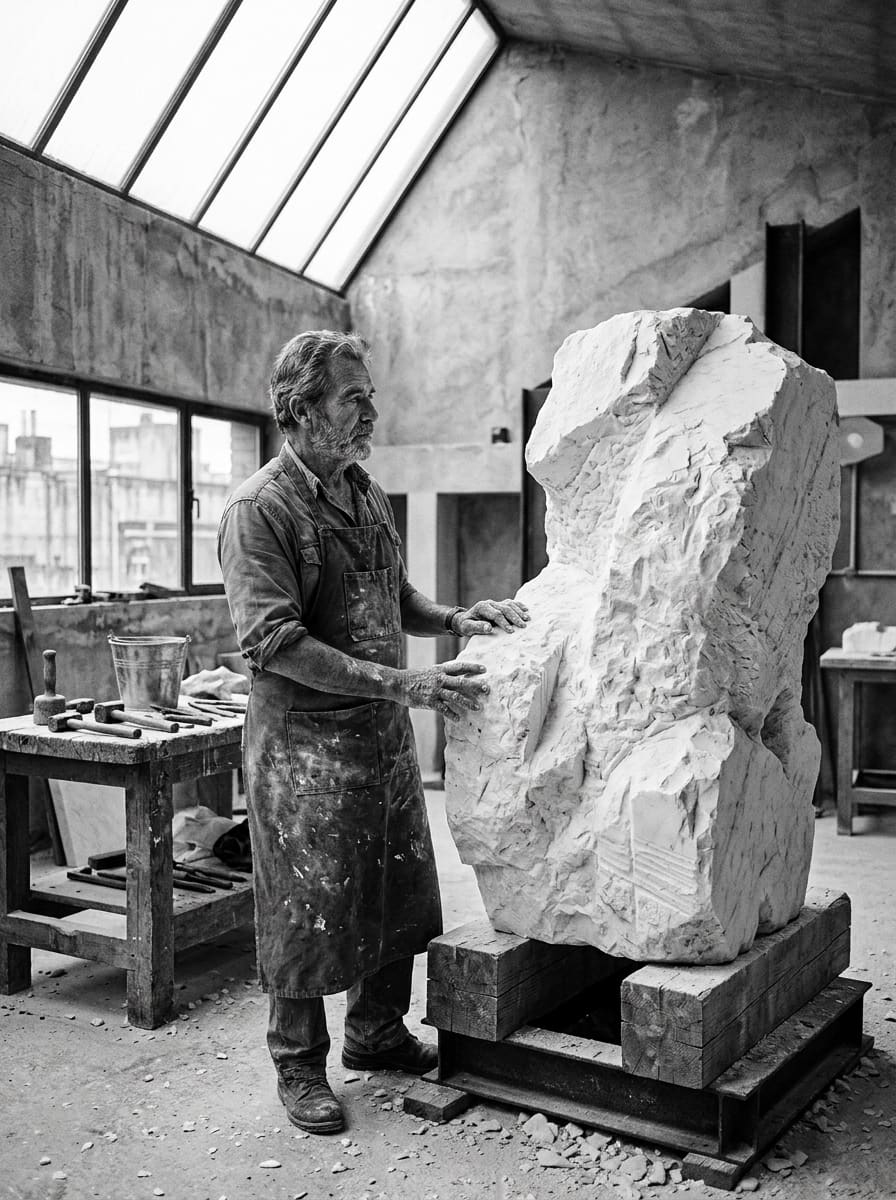Manuel Mata en su taller junto a un bloque de mármol en proceso de talla.