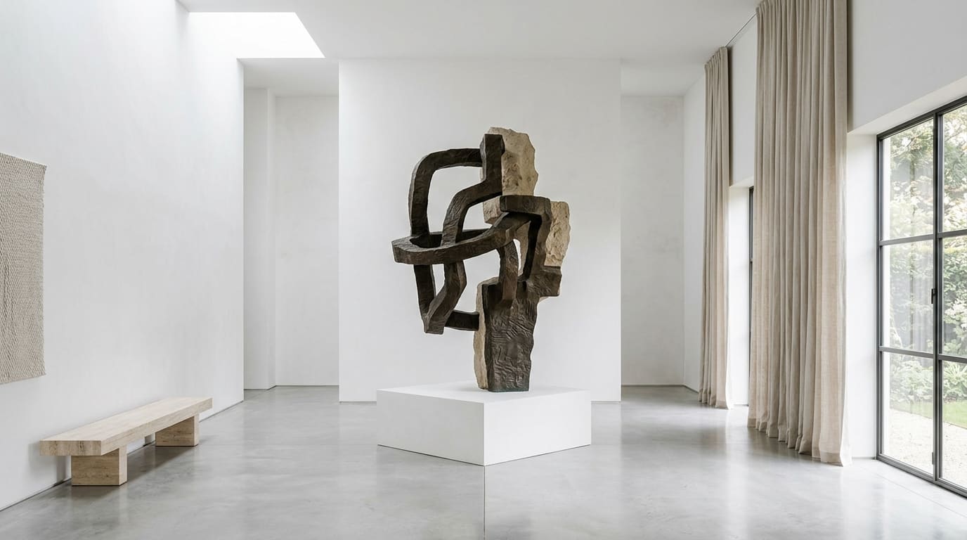 Sala blanca de galería con una escultura monumental de bronce y piedra sobre una peana blanca, banco de travertino y cortinas de lino.