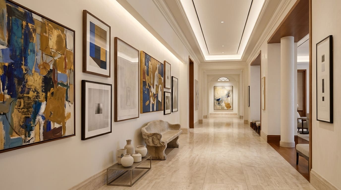 Pasillo de hotel transformado en galería de arte con cuadros de gran formato, banco de cantería y luminarias cálidas.