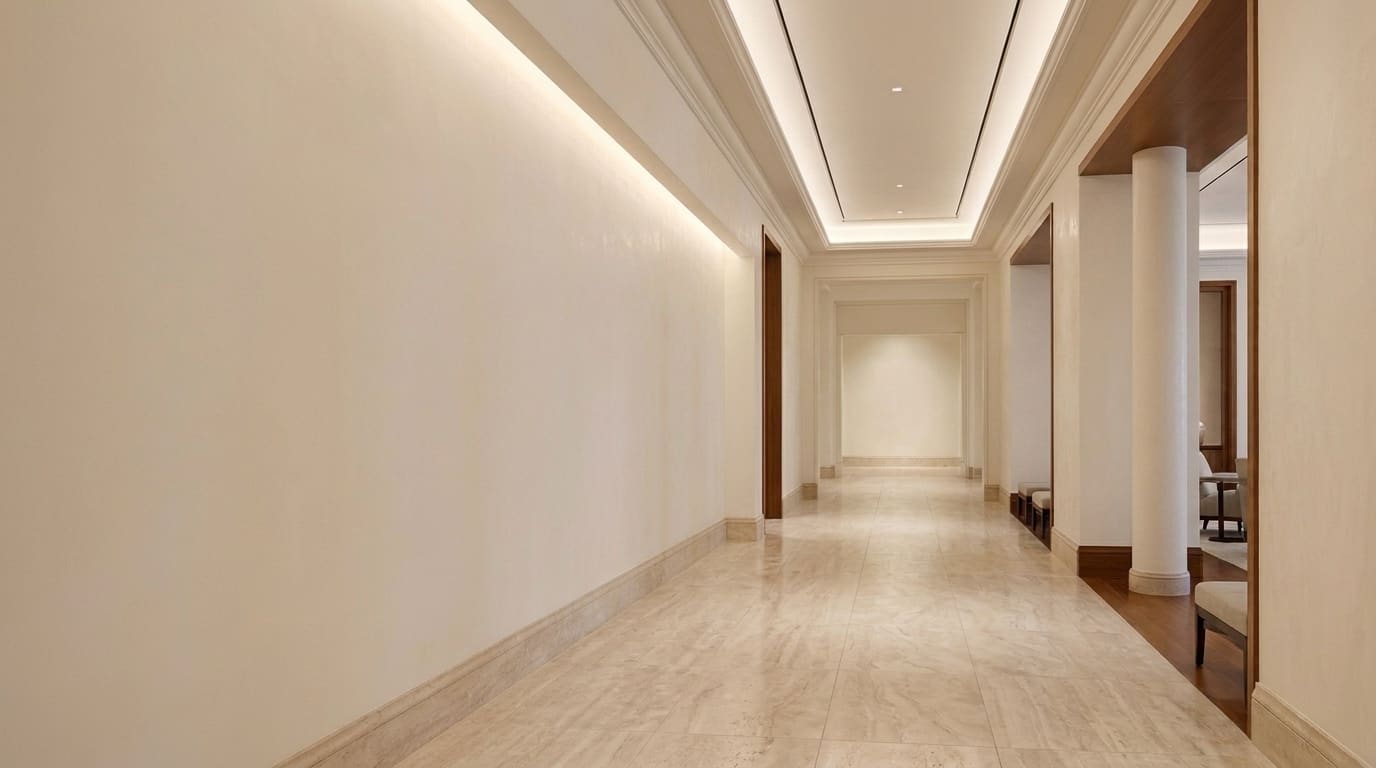Pasillo de hotel vacío y sin cuadros antes de la curaduría artística.