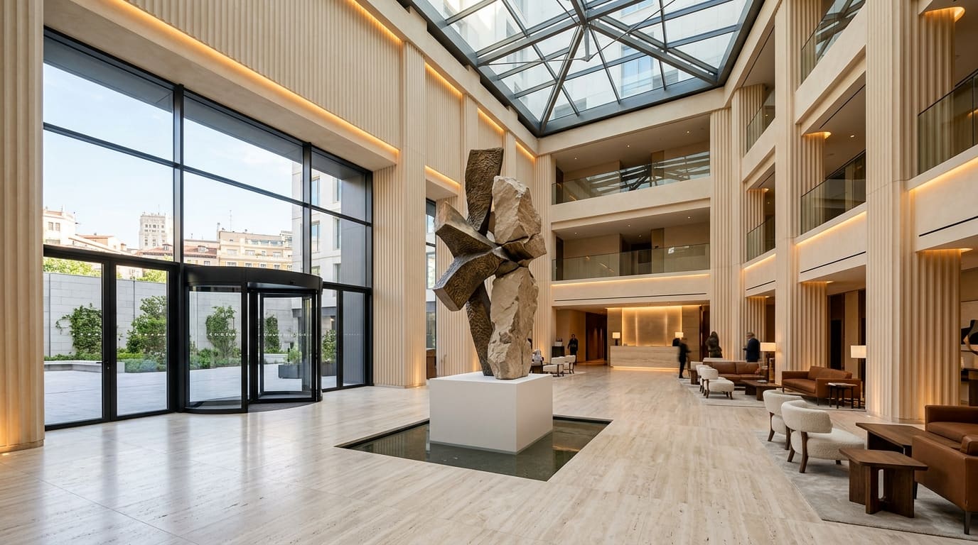 Atrio de hotel transformado con escultura monumental de Manuel M. Gil, lámina de agua y curaduría integral.