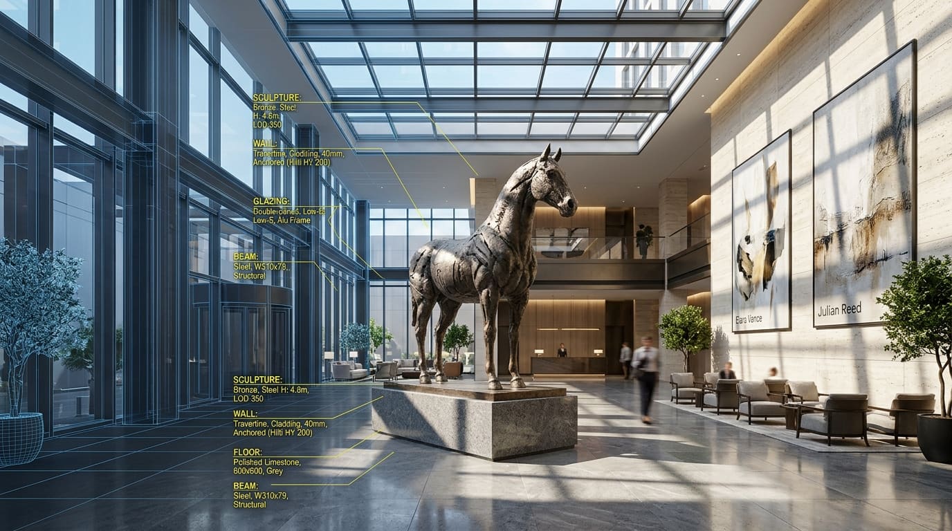 Simulación hiperrealista 3D y modelo BIM de escultura monumental de caballo en el atrio de un hotel de lujo antes de su fabricación.