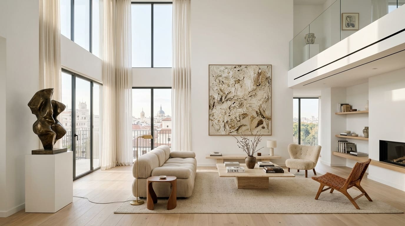 Salón residencial terminado con escultura central de bronce, gran lienzo y mesa plinto de travertino.