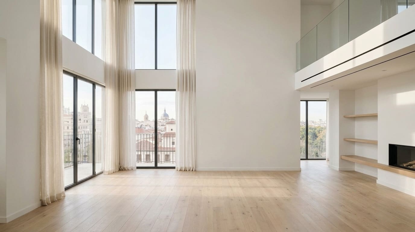 Salón residencial moderno a doble altura antes de la instalación de arte.